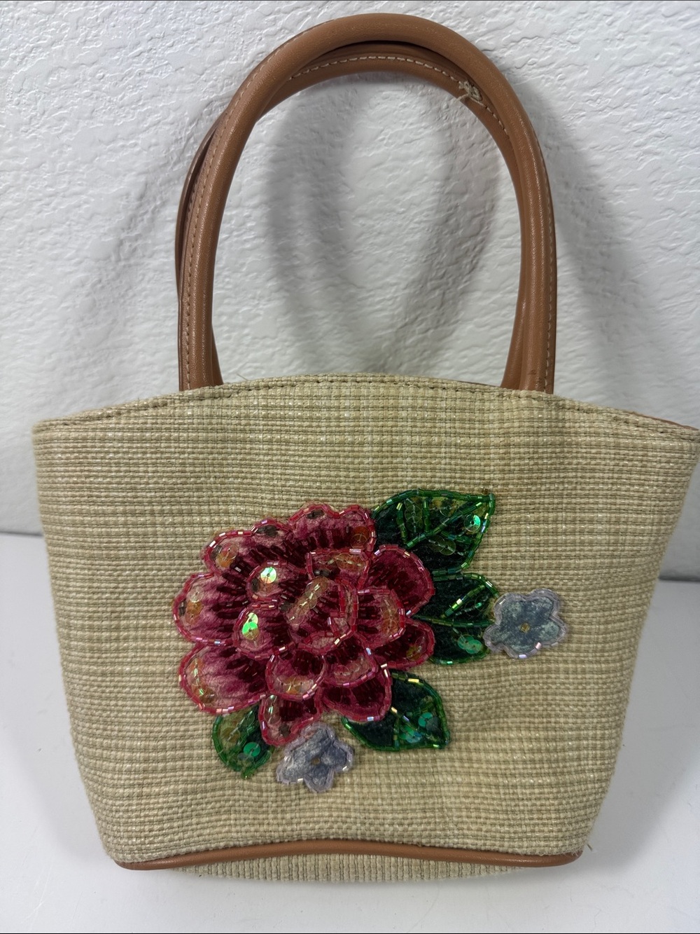Sequin Floral Straw Tote in Pink and Tan